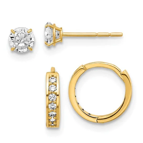 14K Gold 5mm CZ Studs and Huggie Hoop Earrings Set