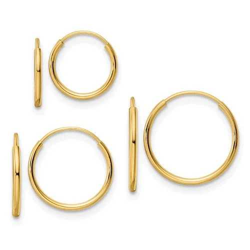 14k Yellow Gold Endless Hoop 3 Pair Set