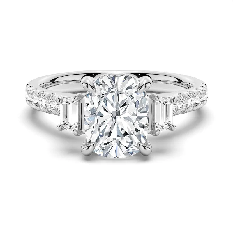 Three Stone Cushion & Half Moon Moissanite Engagement Ring with Pavé Band