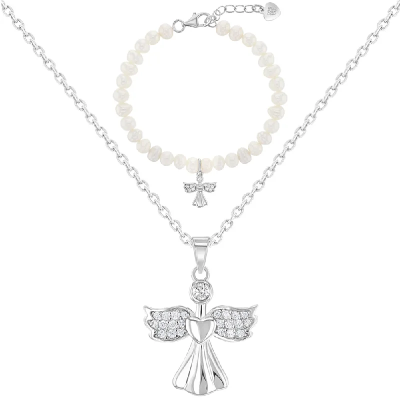 925 Sterling Silver Guardian Angel Necklace & Bracelet Jewelry Set For Girls