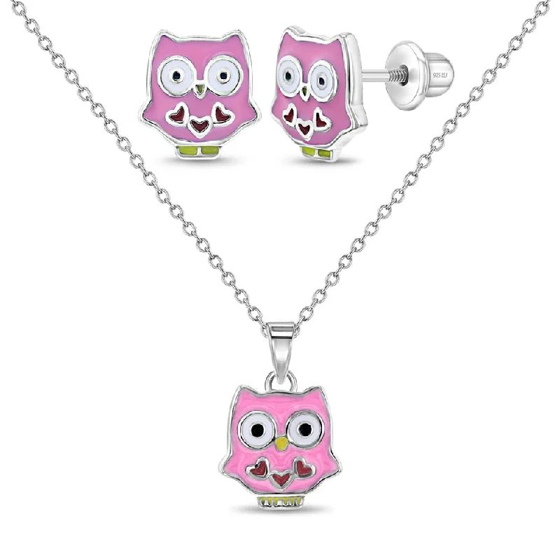 925 Sterling Silver Multicolor Enamel Cute Owl Earrings & Necklace Set for Young Girls