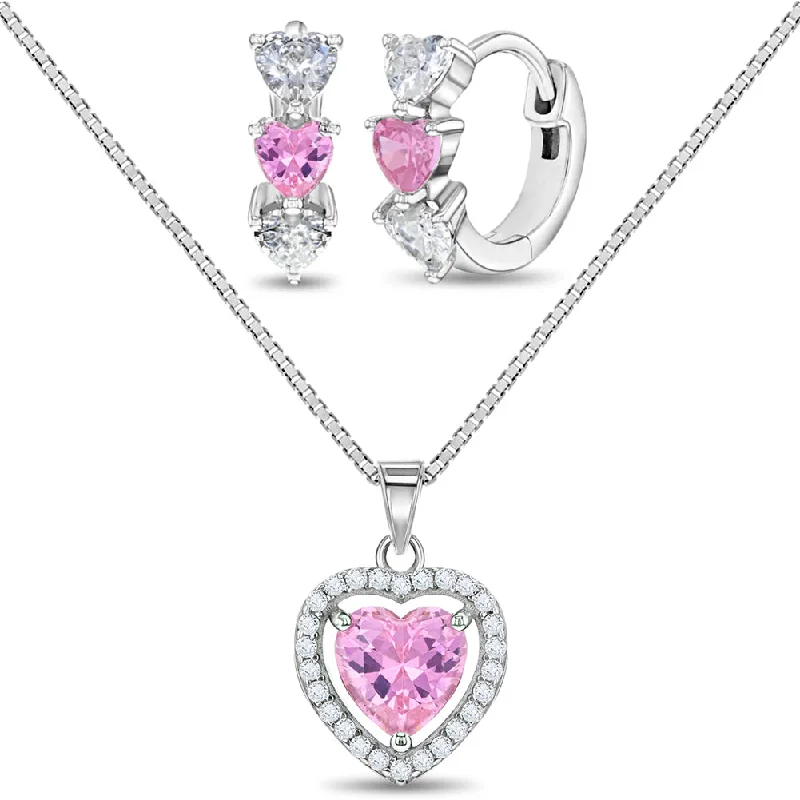 925 Sterling Silver Pink & Clear CZ Heart Necklace Jewelry Set For Young Girls