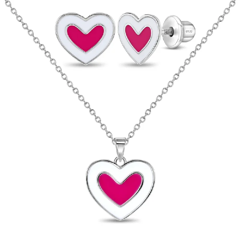 925 Sterling Silver Pink & White Enamel Cute Heart Jewelry Set for Children & Preteens