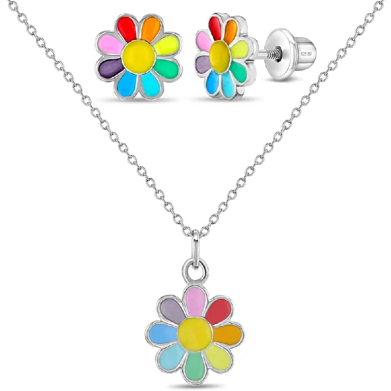 925 Sterling Silver Rainbow Enamel Daisy Necklace Jewelry Set For Young Girls