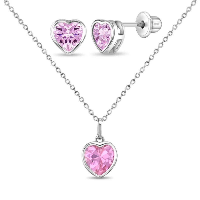 925 Sterling Silver Simulated Tourmaline Heart Necklace Jewelry Set For Girls