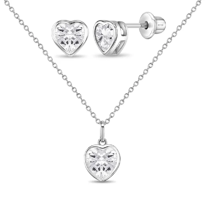 925 Sterling Silver Small Simulated Diamond Heart Necklace Jewelry Set For Girls