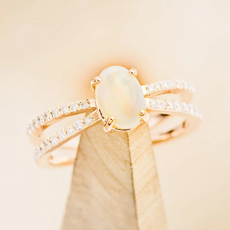 "ANASTASIA" - OVAL CABOCHON CUT OPAL ENGAGEMENT RING WITH DIAMOND ACCENTS