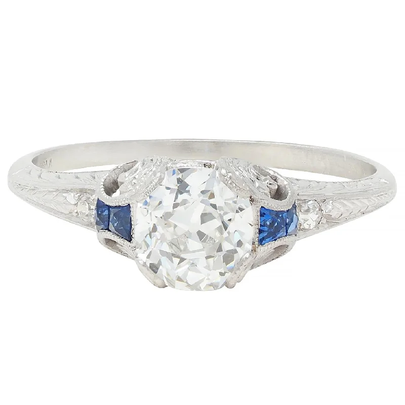 Art Deco 1.15 CTW Old Mine Diamond Sapphire Platinum Foliate Vintage Engagement Ring GIA