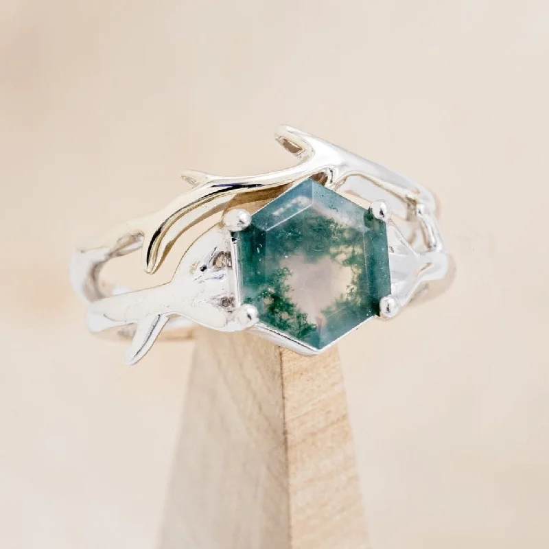 "ARTEMIS" - HEXAGON MOSS AGATE ENGAGEMENT RING WITH AN ANTLER-STYLE STACKING BAND