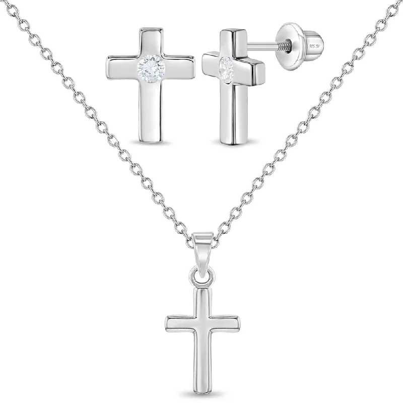 Classic Clear CZ Cross Kids / Children's / Girls Jewelry Set - Sterling Silver