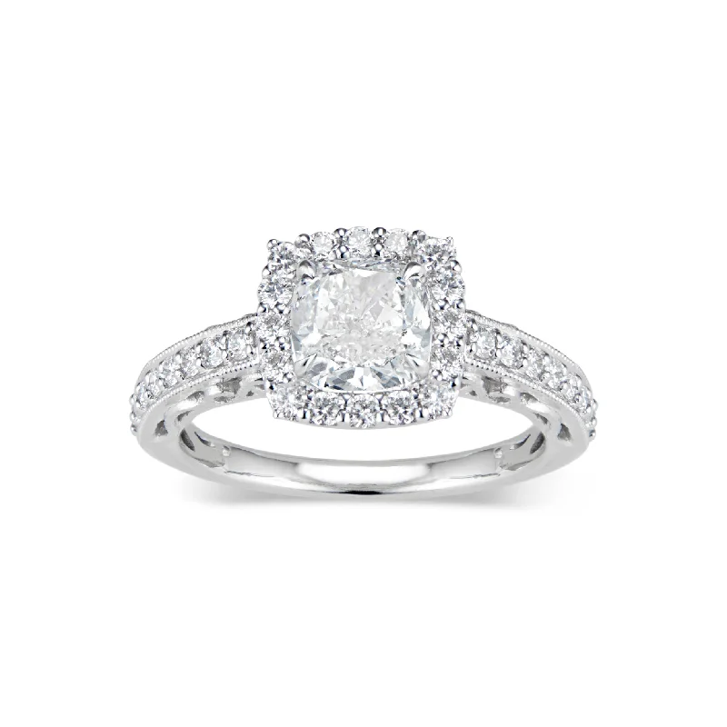 Cushion Halo Diamond Engagement Ring with Milgrain