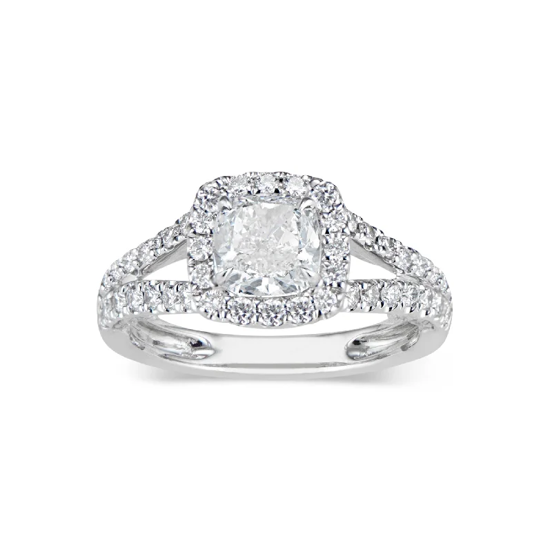 Cushion Halo Diamond Engagement Ring with Split Shank & Diamond Filigree