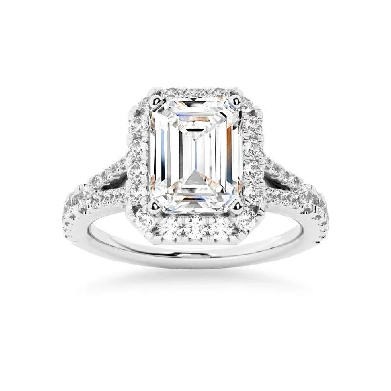 NEW Emerald Cut Split-Shank Moissanite Halo Engagement Ring