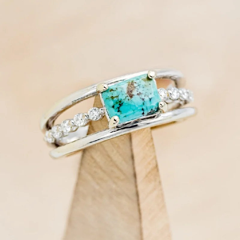 "DOLLY" - EMERALD CUT TURQUOISE ENGAGEMENT RING WITH DIAMOND ACCENTS