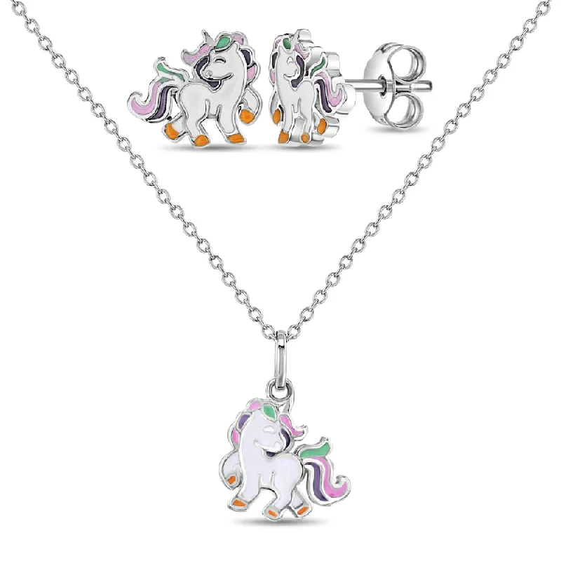 Fancy Galloping Unicorn Kids / Children's / Girls Jewelry Set - Sterling Silver