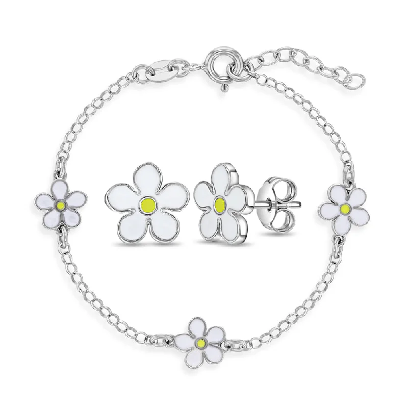 Fun Summer Daisy 5.5" Kids / Teen Jewelry Set Enamel - Sterling Silver