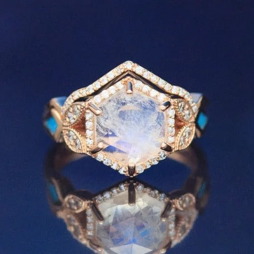 "LUCY IN THE SKY" - FACETED HEXAGON CUT MOONSTONE WEDDING BAND WITH DIAMOND HALO, TURQUOISE INLAYS & A DIAMOND TRACER