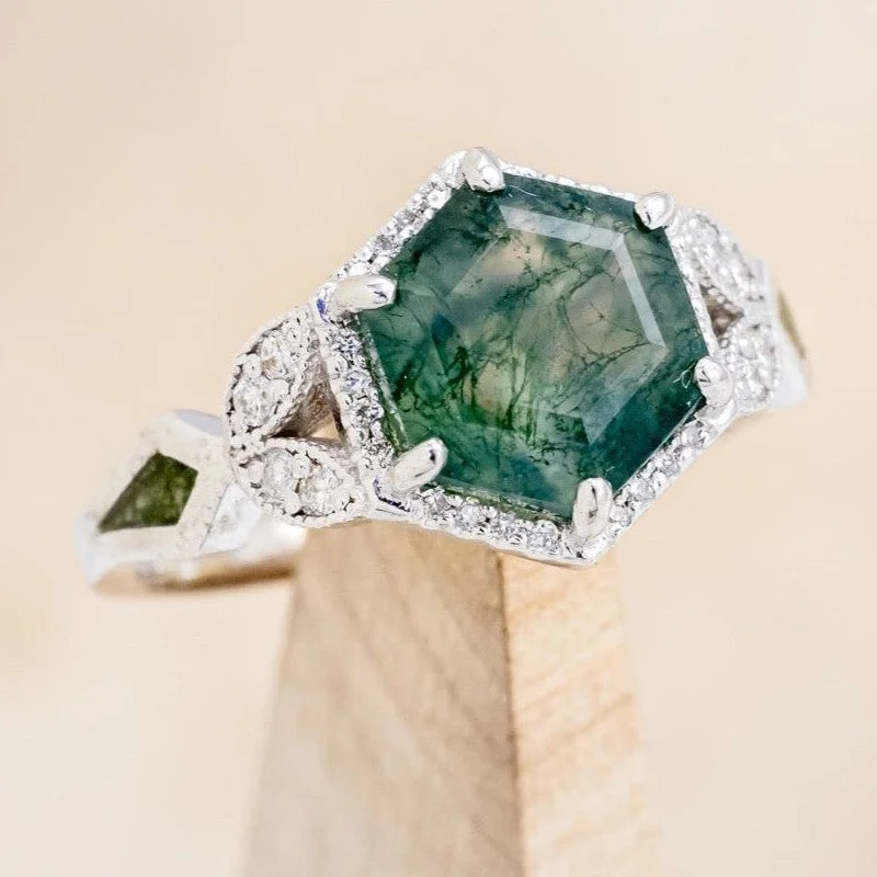 "LUCY IN THE SKY" - HEXAGON MOSS AGATE ENGAGEMENT RING WITH DIAMOND HALO & MOSS INLAYS