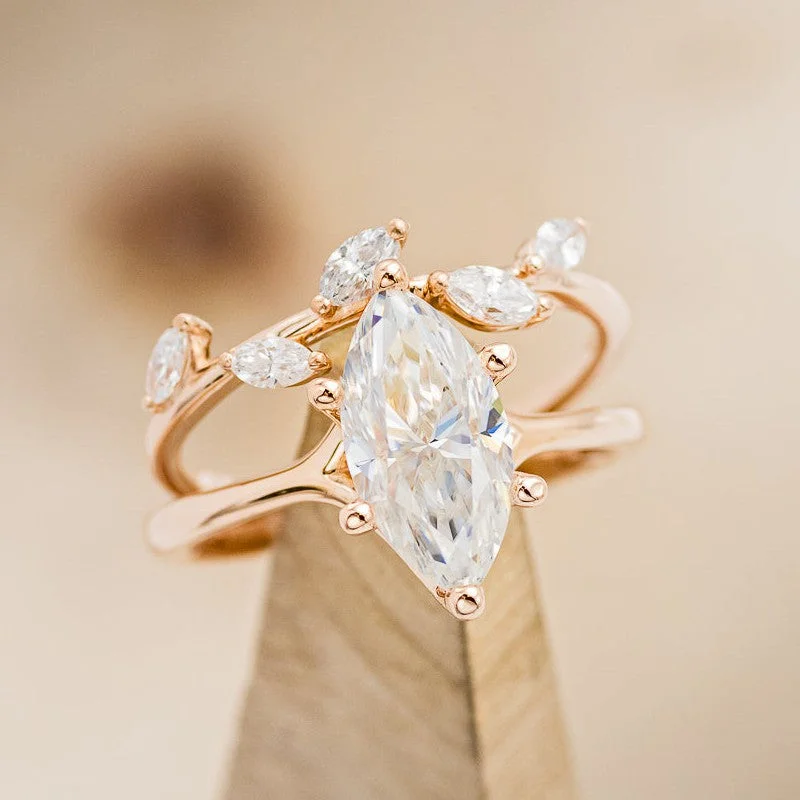 "TULIP" - MARQUISE MOISSANITE ENGAGEMENT RING WITH "IDHAL" DIAMOND STACKING BAND