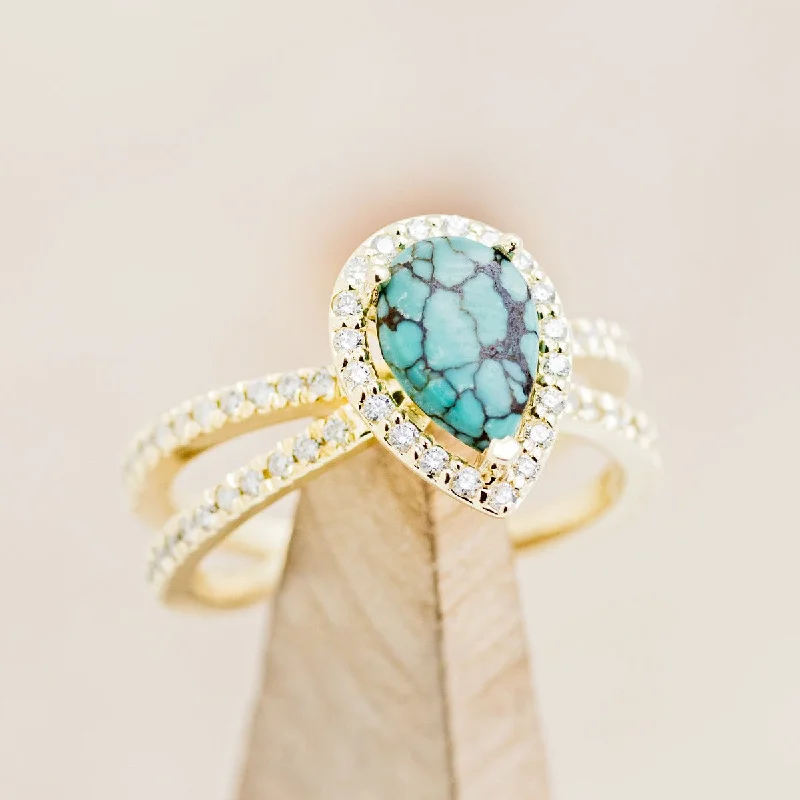 "NALA" - PEAR CUT TURQUOISE ENGAGEMENT RING WITH DIAMOND HALO & ACCENTS