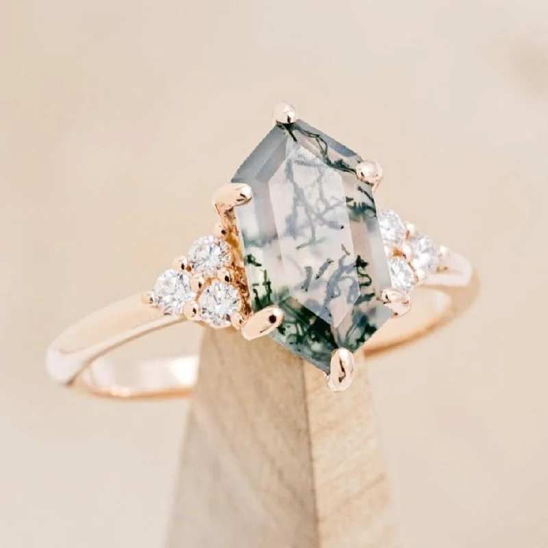 "OCTAVIA" - ELONGATED HEXAGON CUT MOSS AGATE ENGAGEMENT RING WITH DIAMOND ACCENTS