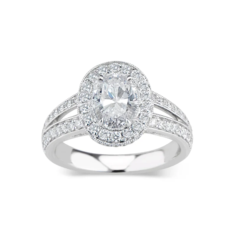 Oval Halo Diamond Engagement Ring with Split Shank and Milgrain Detail