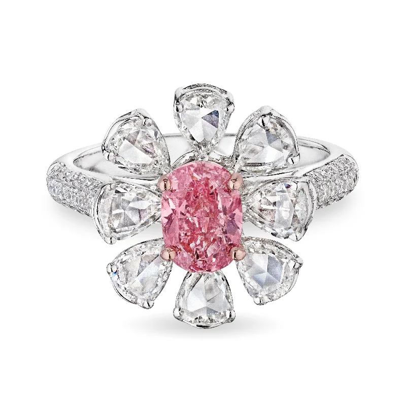 Pink Oval Cluster Diamond Flower Ring