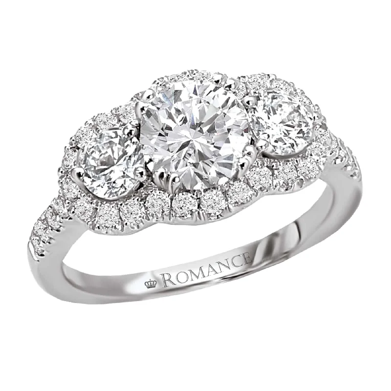 Romance Three Stone Halo Engagement Ring