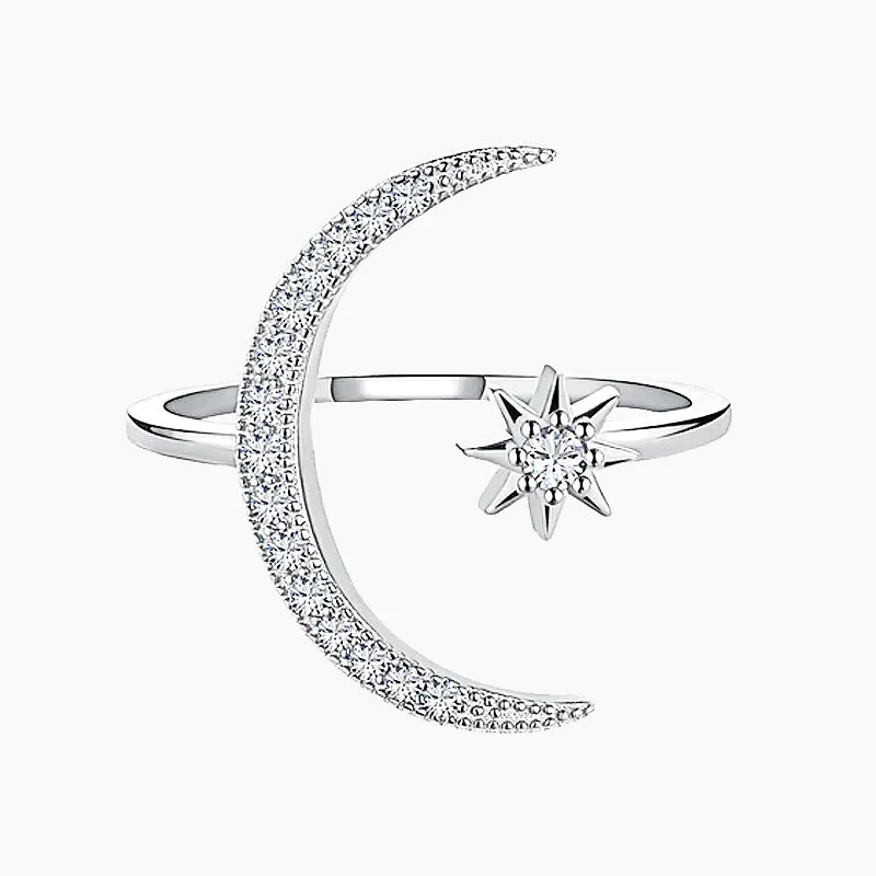 925 Sterling Silver Star Moon Open Ring