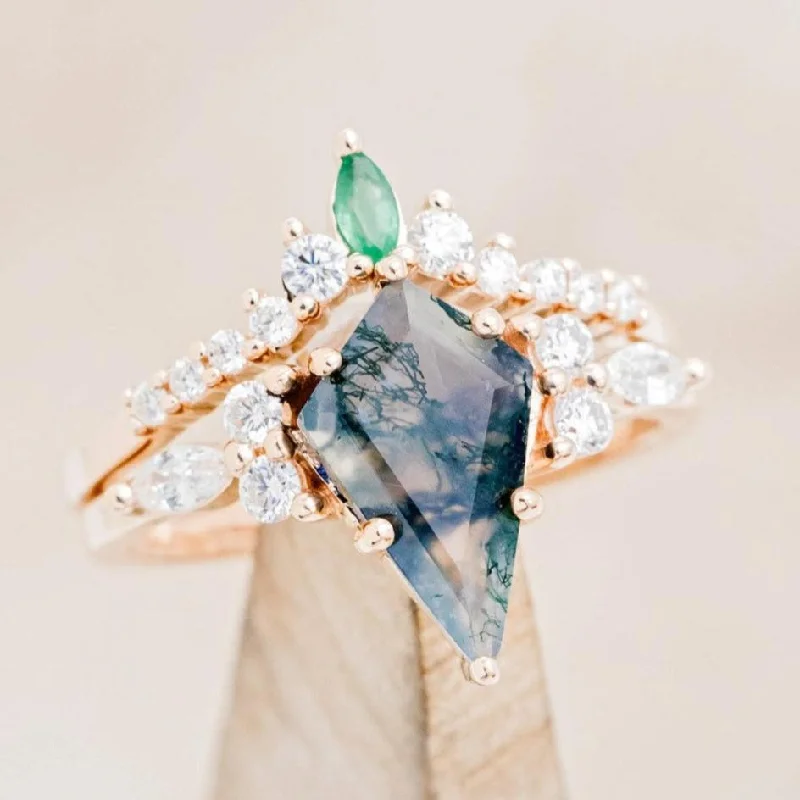 "SAGE" - KITE CUT MOSS AGATE ENGAGEMENT RING WITH DIAMOND ACCENTS & A GENUINE EMERALD TRACER