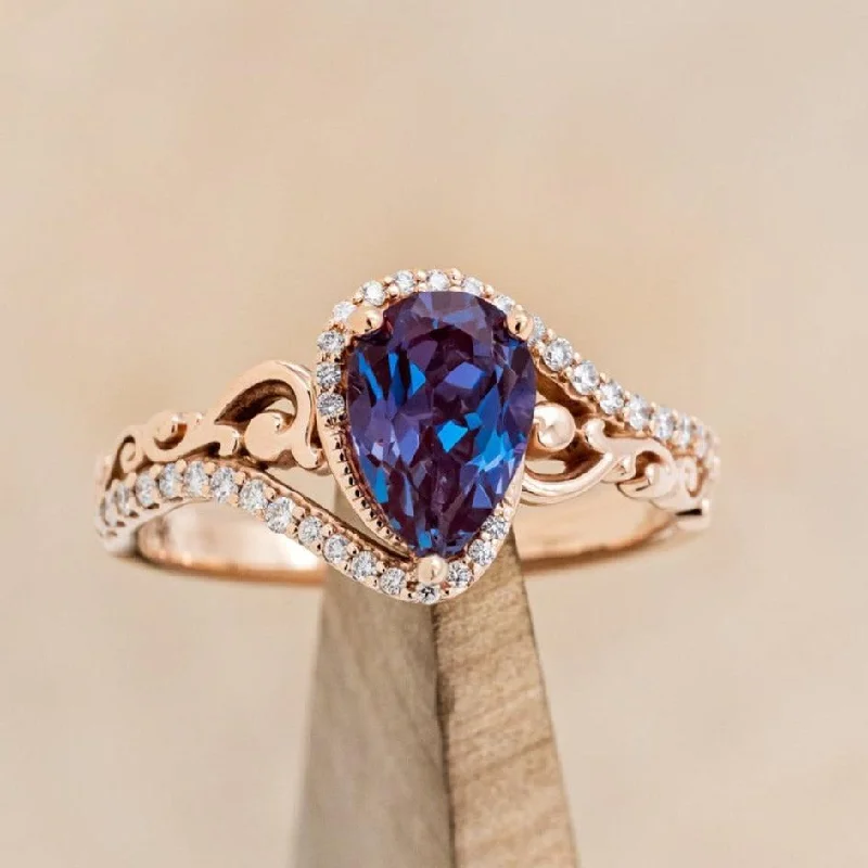 "SCARLET" - PEAR CUT LAB-GROWN ALEXANDRITE ENGAGEMENT RING WITH DIAMOND ACCENTS