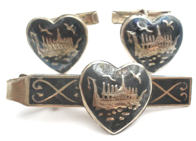 Siam Sterling Silver Enamel Ship Cufflink & Tie Bar Set