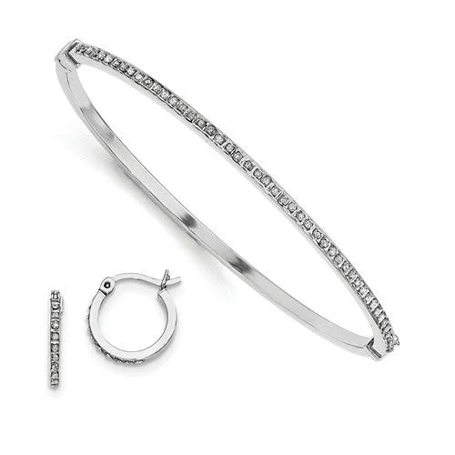 Sterling Silver Diamond Mystique Round Hoop Earrings & Hinged Bangle Set