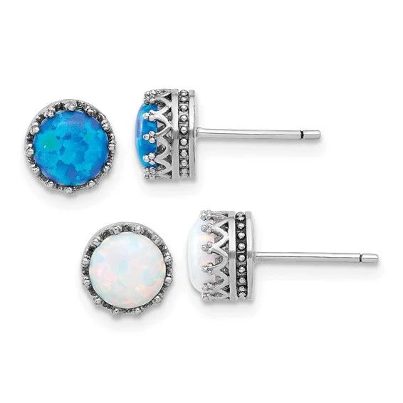 Sterling Silver 7mm Blue and White Opal Earrings Set