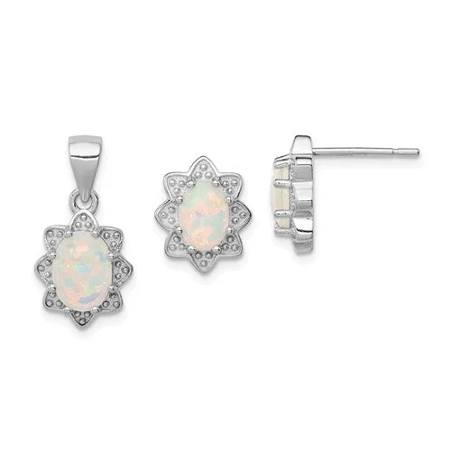 Sterling Silver Created Opal Pendant & Earring Set