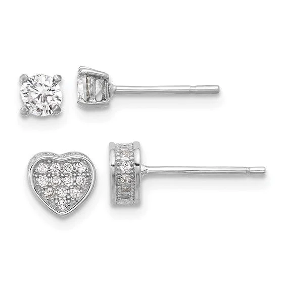 Sterling Silver Pavé CZ Heart & 4mm CZ Stud Post Earrings Set