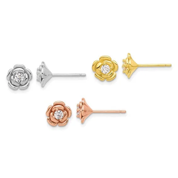 Sterling Silver Rose Gold and Yellow Gold CZ Rose 3 Pair Earrings Set