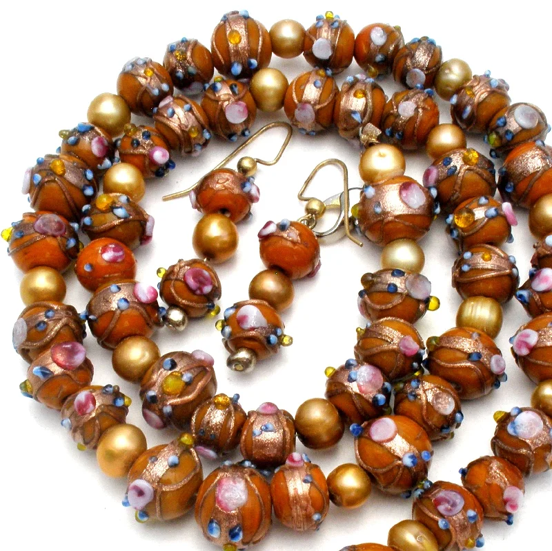 Venetian Murano Brown Glass Bead Wedding Cake Necklace