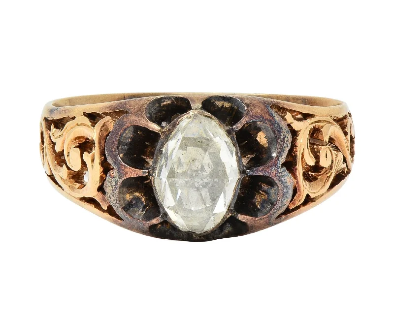 Victorian 0.65 CTW Rose Cut Diamond 14 Karat Yellow Gold Antique Belcher Unisex Engagement Ring