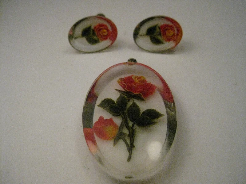 Vintage Lucite Reverse Painted Rose Pendant & Matching Screw Back Earrings, Mid-Century