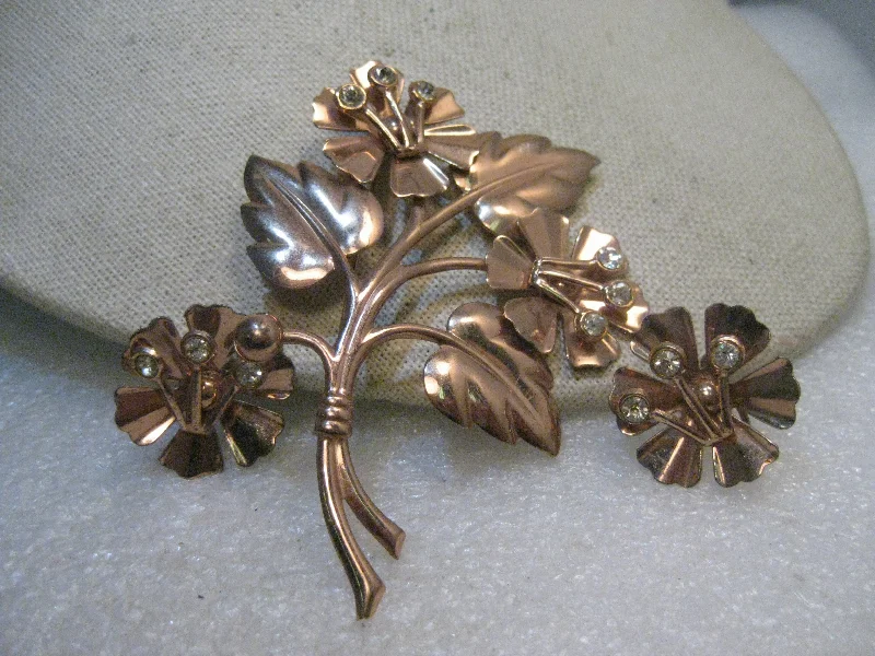 Vintage Sterling Copper Floral Brooch, Matching Earrings Rhinestone Accents, 3.5", 1940's, 16.62gr.