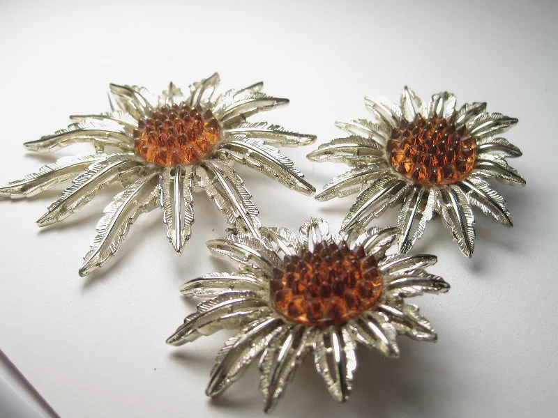 Vintage Sunflower Brooch & Clip Earrings Set, Sarah Coventry, Gold Tone, 1970's