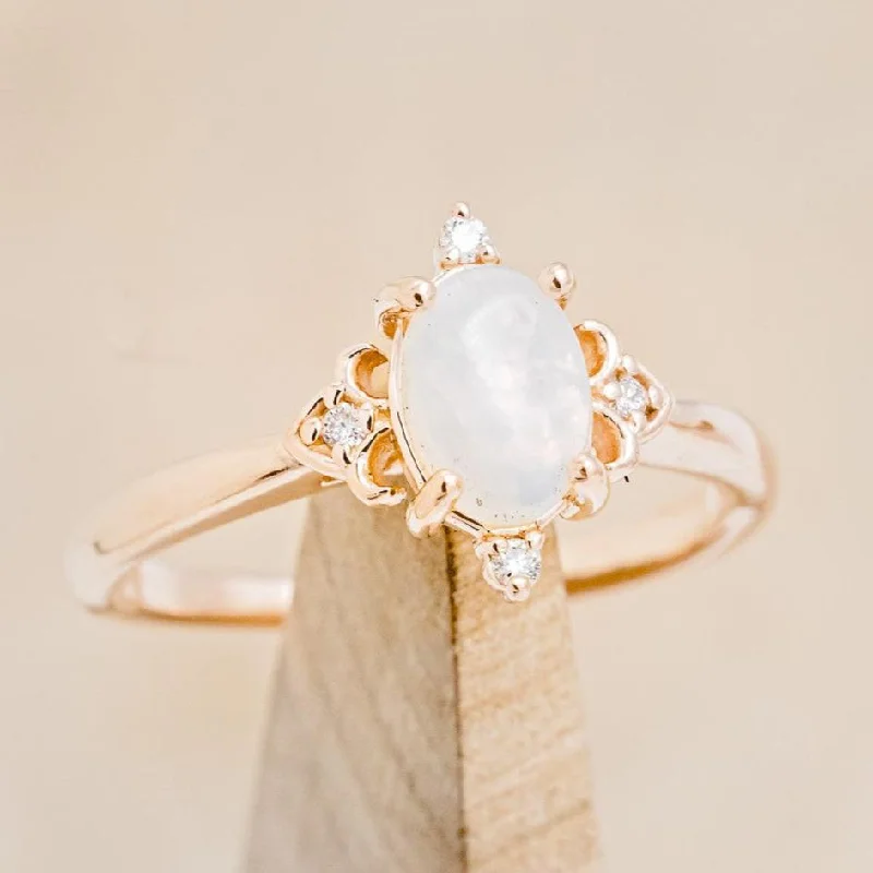 "ZELLA" - OVAL CABOCHON CUT WHITE OPAL ENGAGEMENT RING WITH DIAMOND ACCENTS