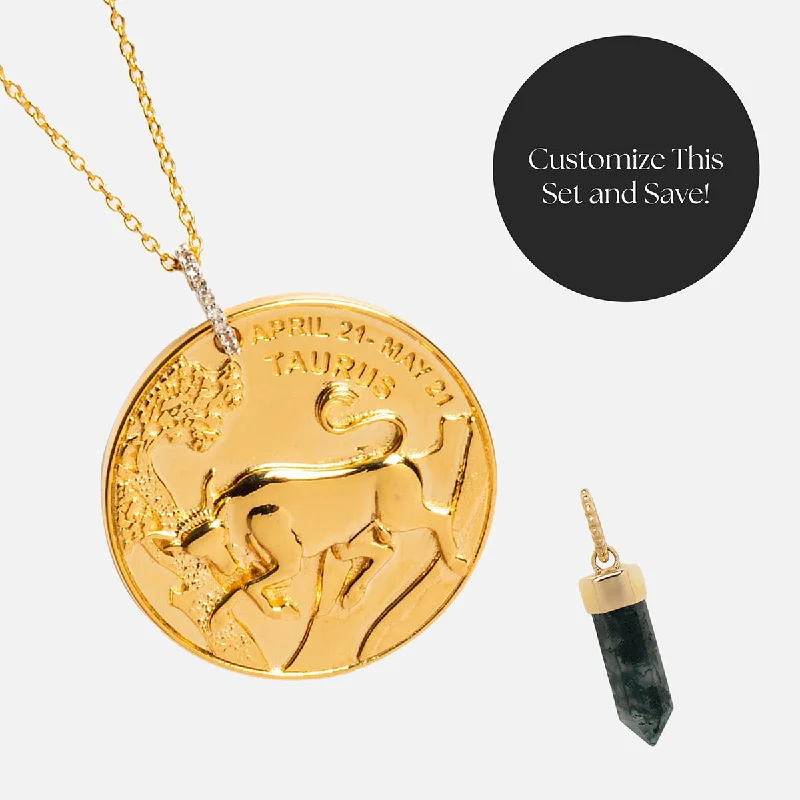 Zodiac Coin and Crystal Charm Necklace Gift Set