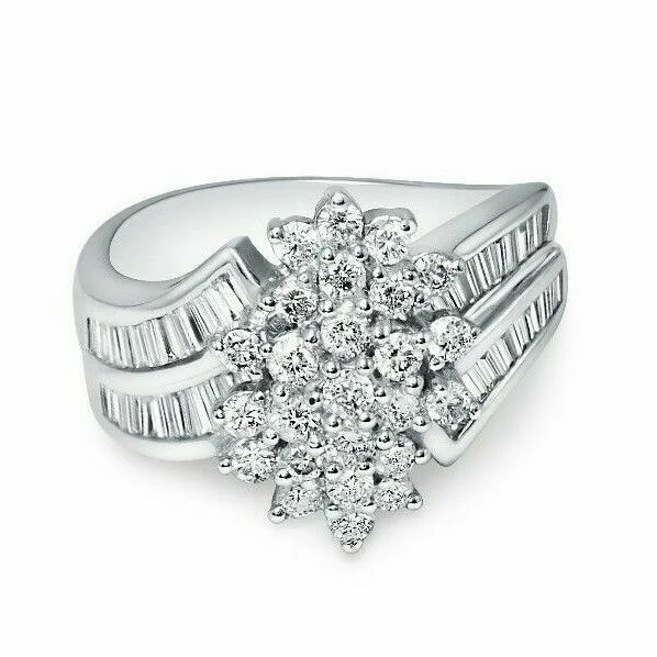 1.43 TCW Round Diamond Flower Setting with Baguette Accents 18k White Gold Ring