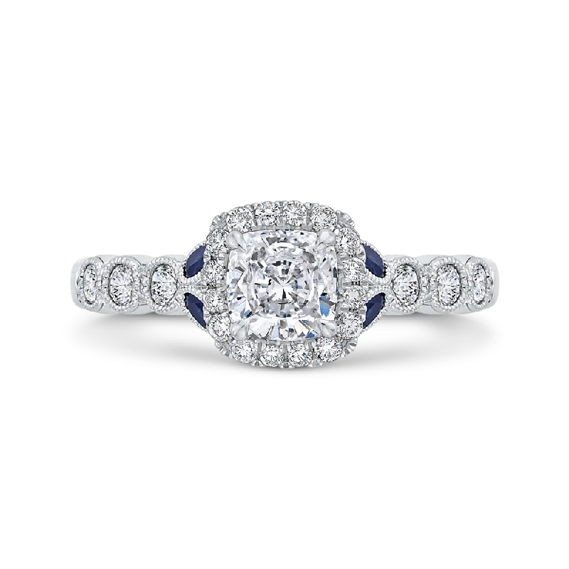 14K White Gold Cushion Cut Diamond Halo Engagement Ring with Sapphire (Semi Mount)