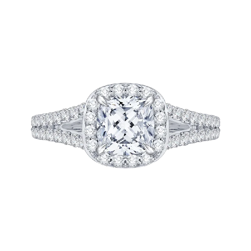 14K White Gold Cushion Cut Diamond Halo Engagement Ring with Split Shank (Semi Mount)