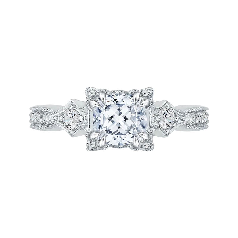 14K White Gold Cushion Cut Diamond Vintage Engagement Ring (Semi Mount)