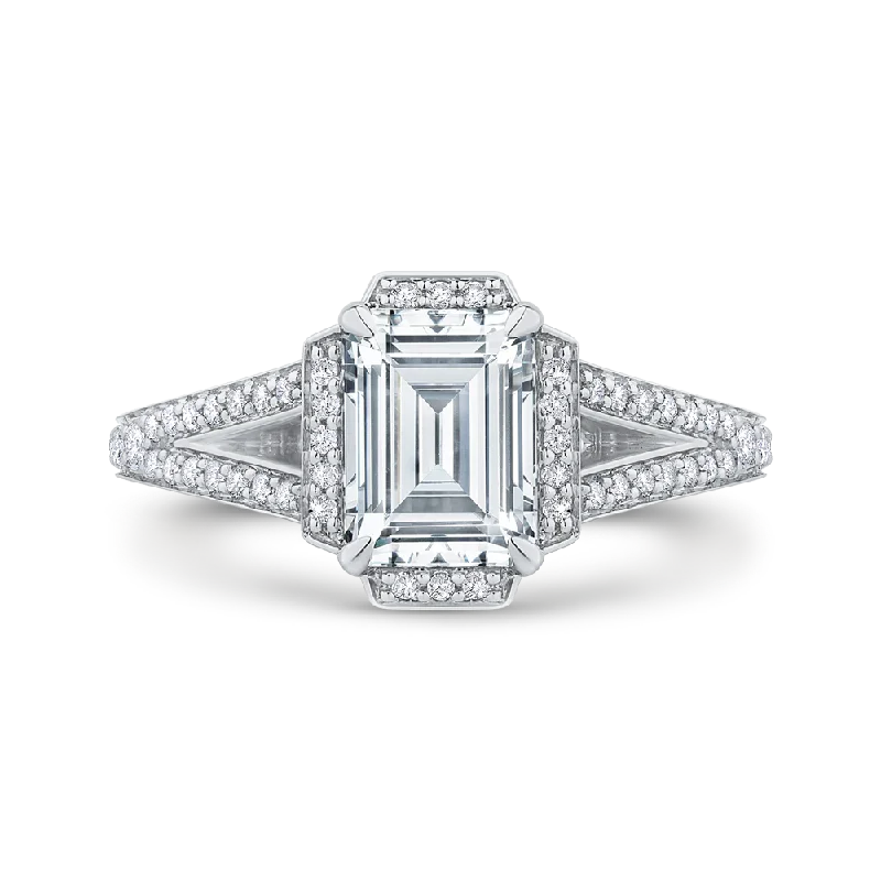 14K White Gold Emerald Cut Diamond Cathedral Style Engagement Ring with Split Shank (Semi Mount)