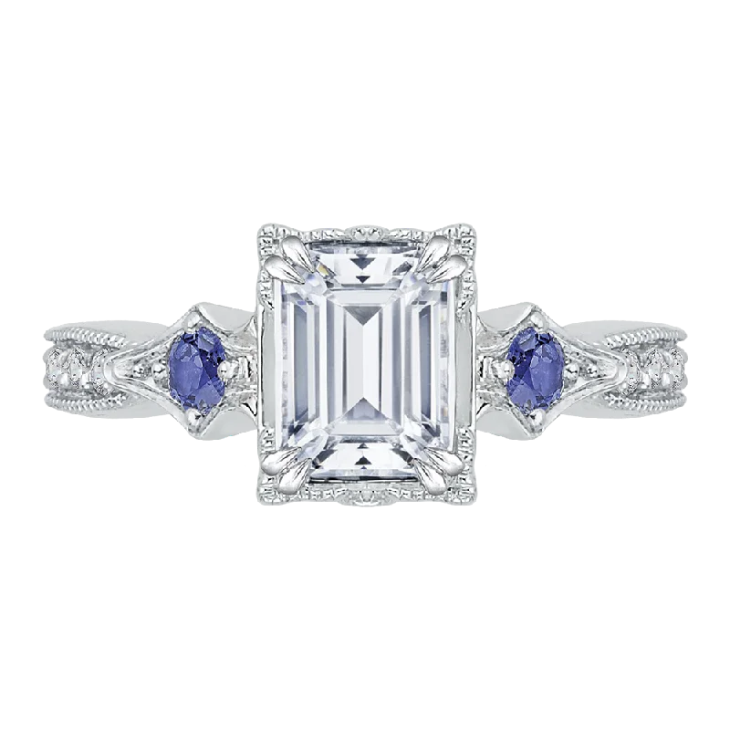 14K White Gold Emerald Cut Diamond Engagement Ring with Sapphire (Semi Mount)